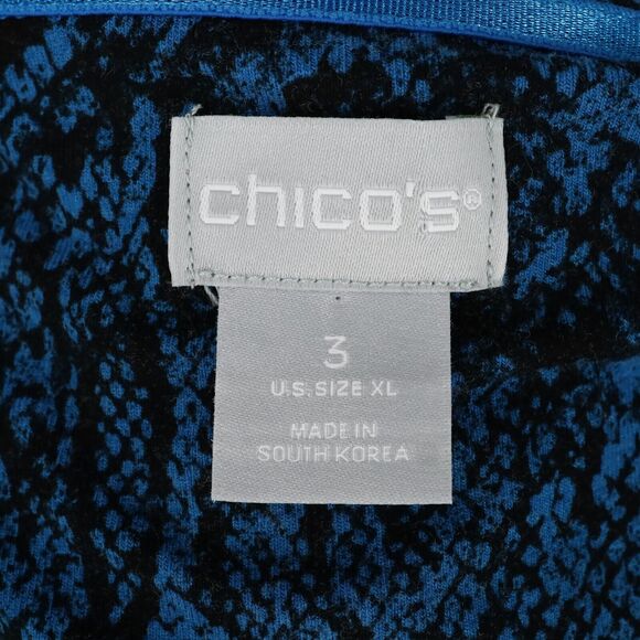 Chicos Top 3 Womens XL Blue Black Snakeskin Print Blouse Stretch Knit Pullover - Picture 3 of 12